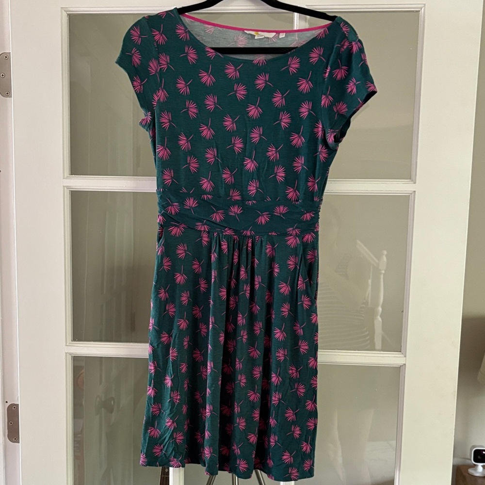 Boden Green Dress with Pink Leaf Pattern